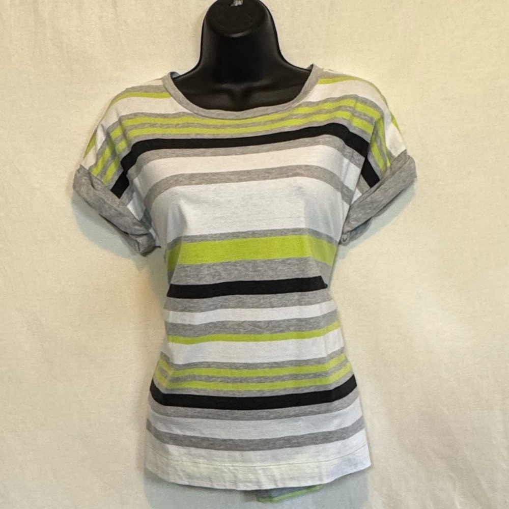 D-28 Chaps Green White & Black‎ Stripe Short Sleeve Hi Lo Pullover Blouse Size S